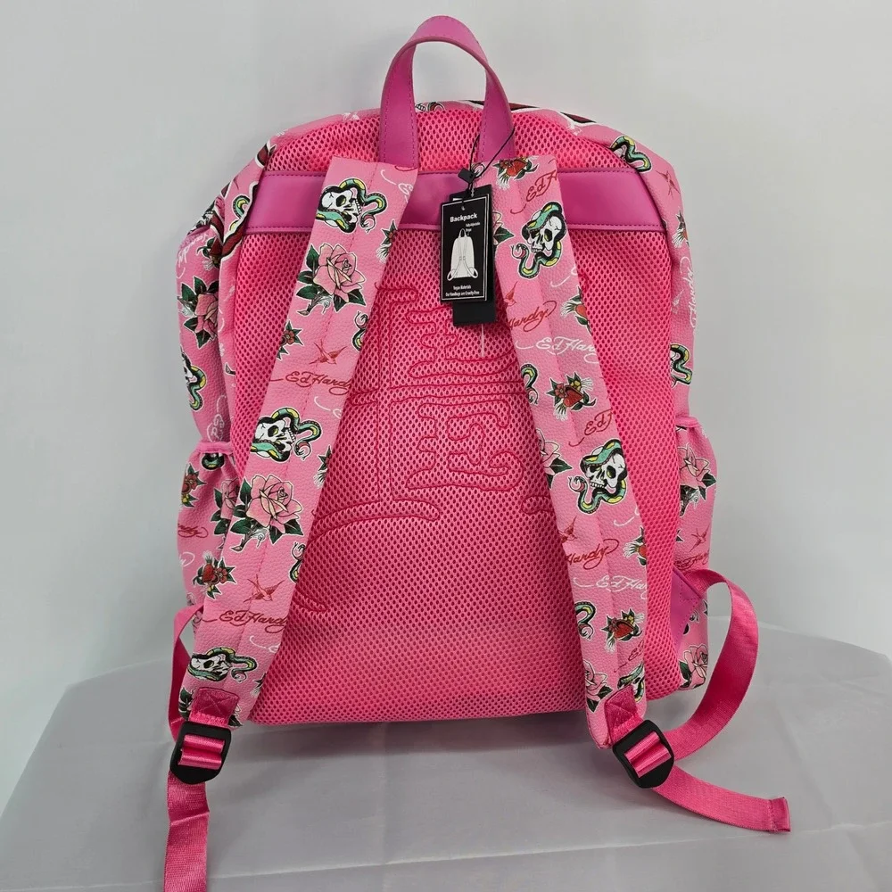 Ed Hardy Pink Multi Rhinestone Heart Tattoo Print Vegan Leather Backpack EHH436
